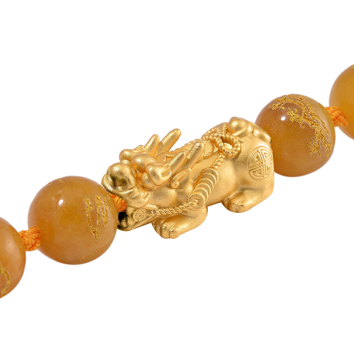 Honey Jade (D) Dragon Carved Beaded 620.00 ctw Pixiu Necklace 20 Inches in 14K Yellow Gold Over Sterling Silver