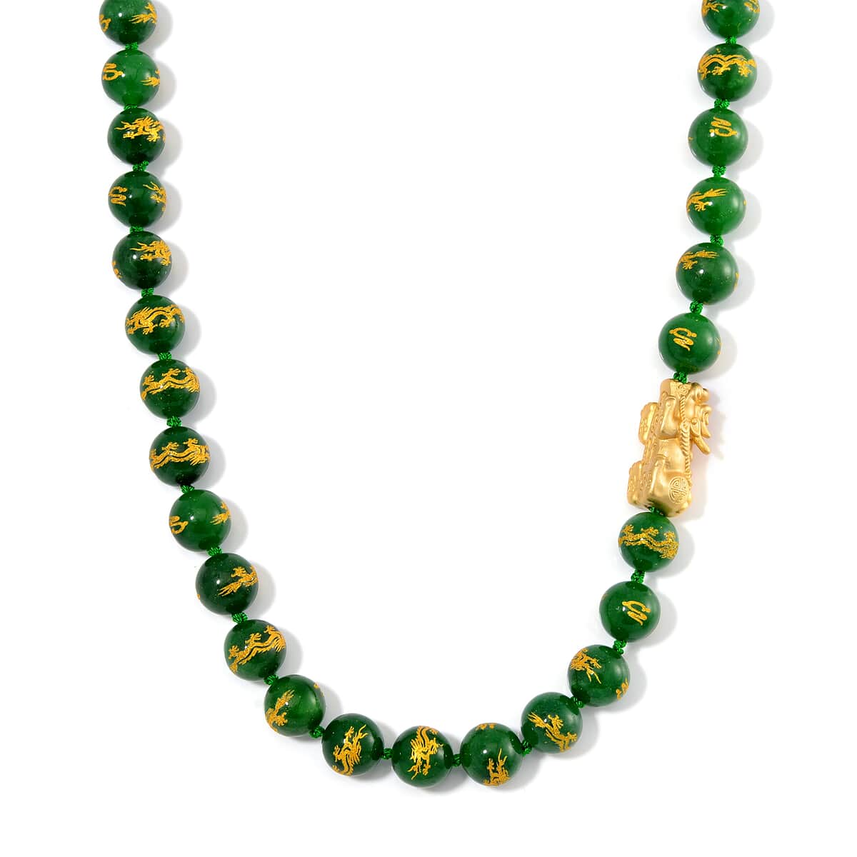 Green Jade (D) Dragon Carved Beaded 620.00 ctw Pixiu Necklace 20 Inches in 14K Yellow Gold Over Sterling Silver image number 0