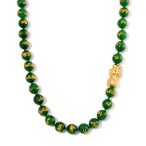 Green Jade (D) Dragon Carved Beaded 620.00 ctw Pixiu Necklace 20 Inches in 14K Yellow Gold Over Sterling Silver