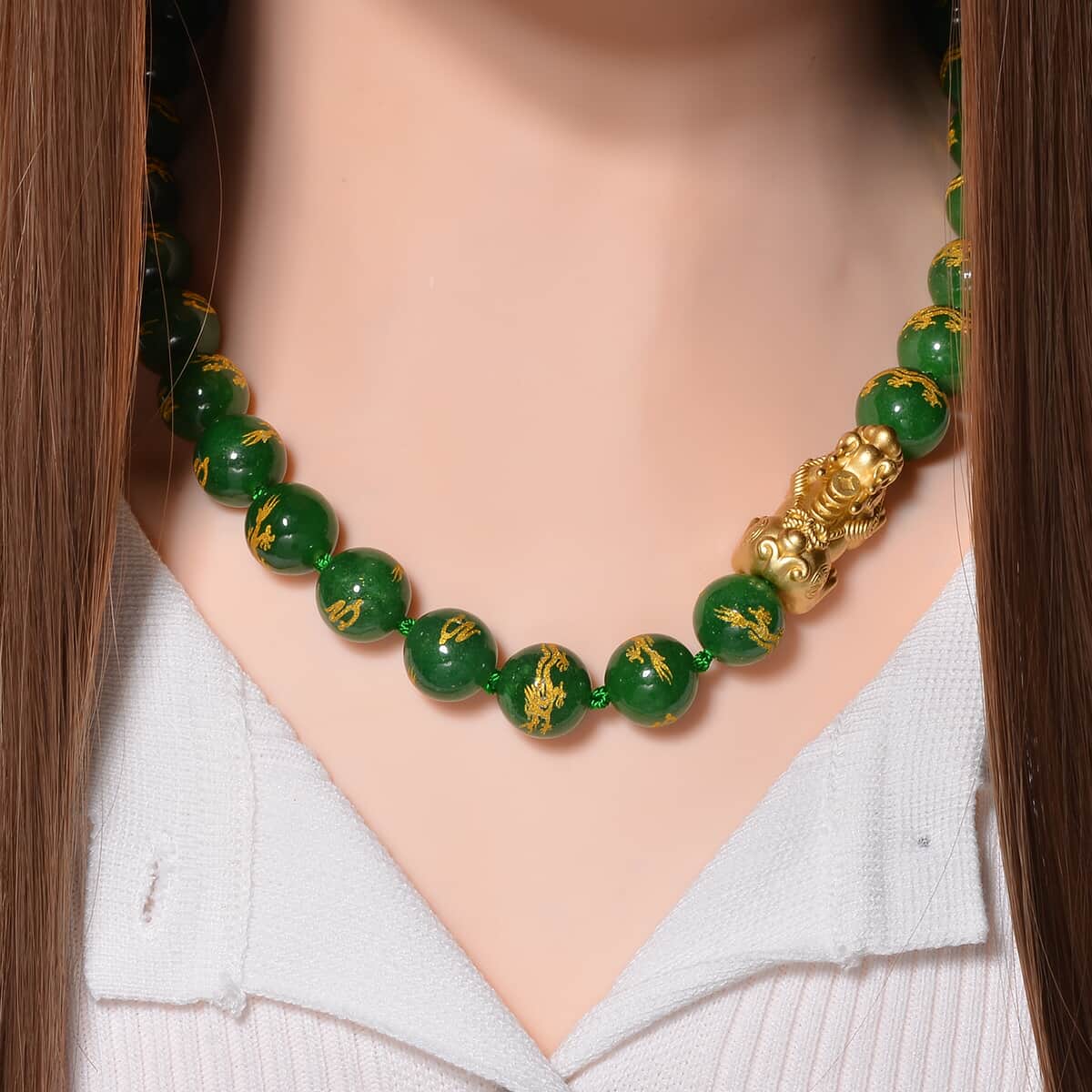 Green Jade (D) Dragon Carved Beaded 620.00 ctw Pixiu Necklace 20 Inches in 14K Yellow Gold Over Sterling Silver image number 1