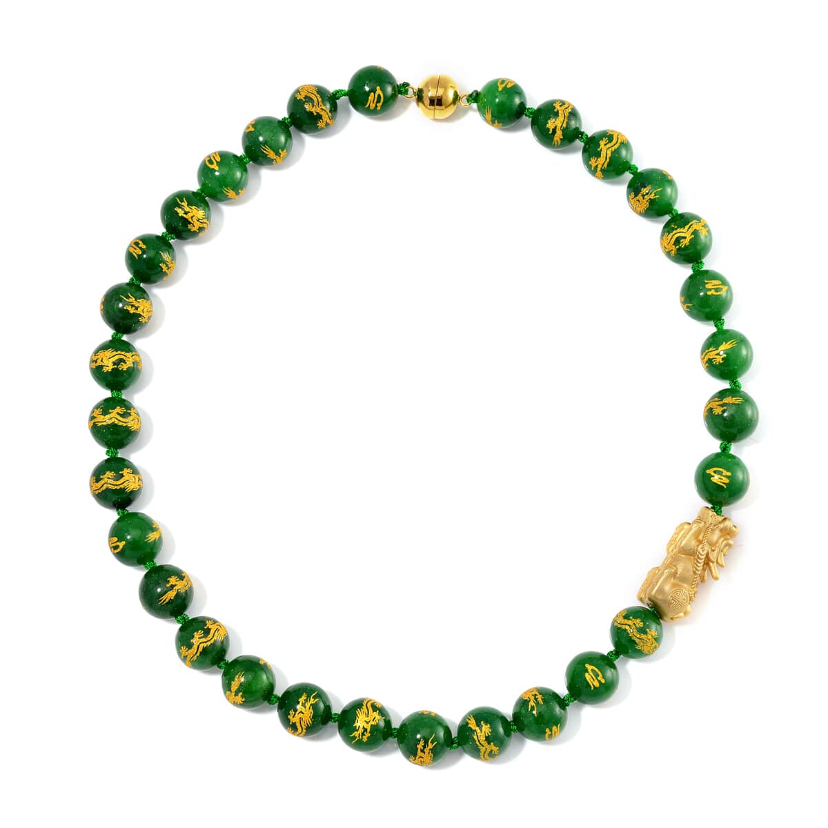 Green Jade (D) Dragon Carved Beaded 620.00 ctw Pixiu Necklace 20 Inches in 14K Yellow Gold Over Sterling Silver image number 2