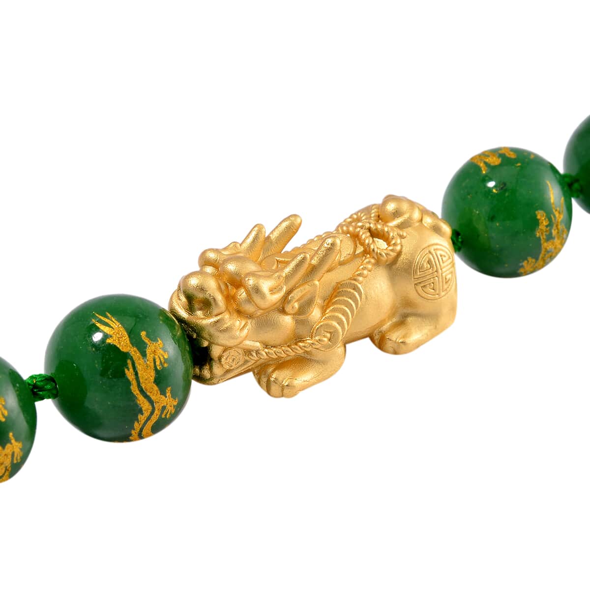 Green Jade (D) Dragon Carved Beaded 620.00 ctw Pixiu Necklace 20 Inches in 14K Yellow Gold Over Sterling Silver image number 3