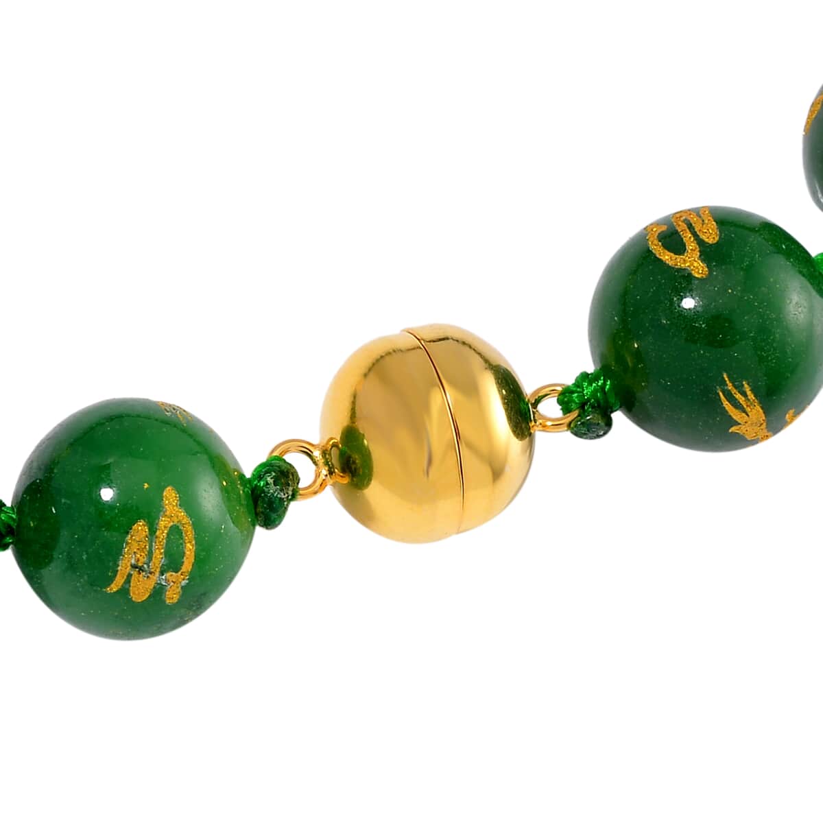 Green Jade (D) Dragon Carved Beaded 620.00 ctw Pixiu Necklace 20 Inches in 14K Yellow Gold Over Sterling Silver image number 4