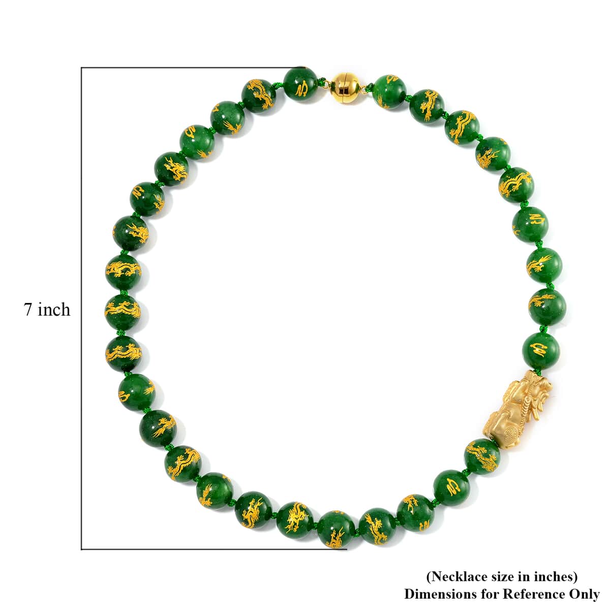 Green Jade (D) Dragon Carved Beaded 620.00 ctw Pixiu Necklace 20 Inches in 14K Yellow Gold Over Sterling Silver image number 5