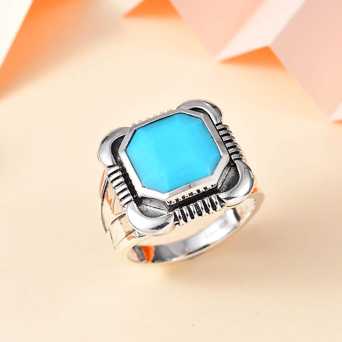 Artisan Crafted Asscher Cut Sleeping Beauty Turquoise Men's Ring in Sterling Silver (Size 10.0) 4.75 ctw image number 1