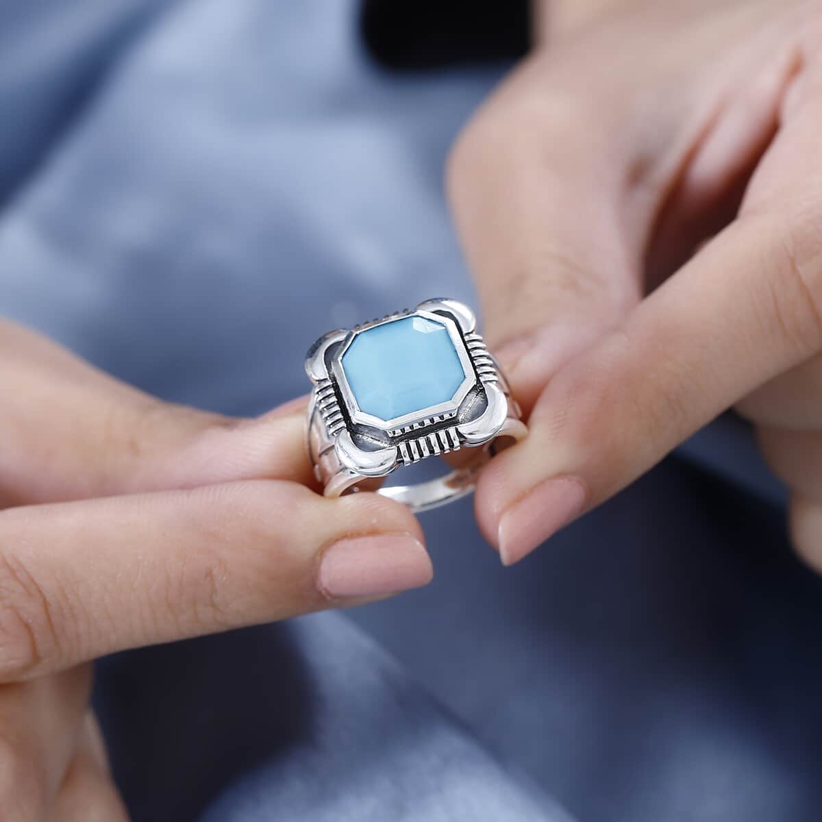 Artisan Crafted Asscher Cut Sleeping Beauty Turquoise Men's Ring in Sterling Silver (Size 10.0) 4.75 ctw image number 2