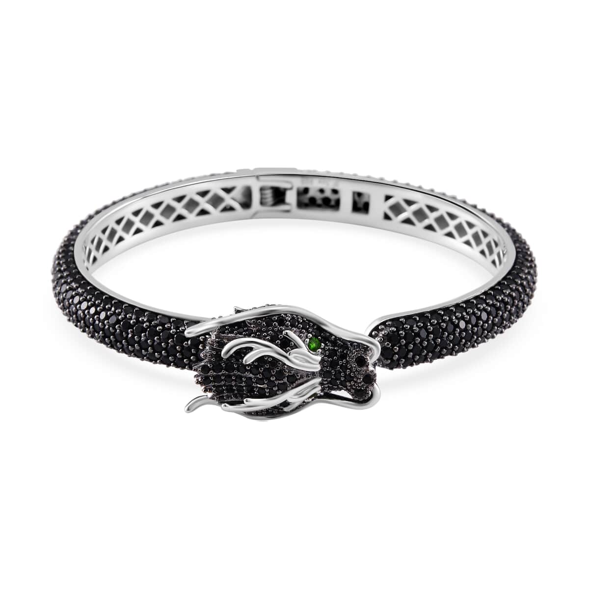 Thai Black Spinel and Chrome Diopside Dragon Cuff Bracelet in Rhodium Over and Sterling Silver (7.25 In) 17.80 ctw image number 0