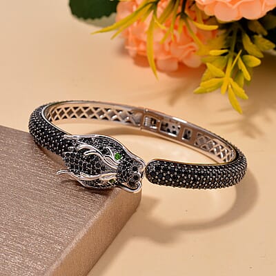 Thai Black Spinel and Chrome Diopside 17.80 ctw Dragon Head Cuff Bracelet in Rhodium Over Sterling Silver (7.25 In)