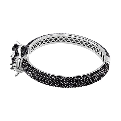 Thai Black Spinel and Chrome Diopside 17.80 ctw Dragon Head Cuff Bracelet in Rhodium Over Sterling Silver (7.25 In)