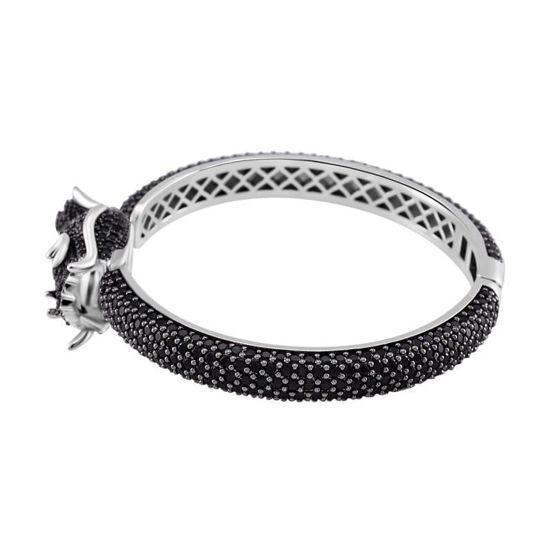 Thai Black Spinel and Chrome Diopside 17.80 ctw Dragon Head Cuff Bracelet in Rhodium Over Sterling Silver (7.25 In)