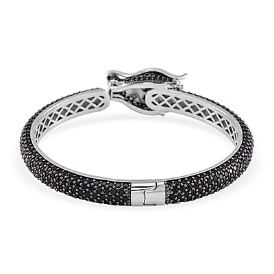 Thai Black Spinel and Chrome Diopside 17.80 ctw Dragon Head Cuff Bracelet in Rhodium Over Sterling Silver (7.25 In)