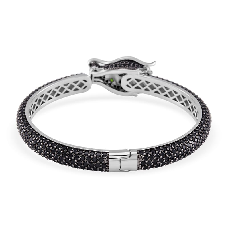Thai Black Spinel and Chrome Diopside 17.80 ctw Dragon Head Cuff Bracelet in Rhodium Over Sterling Silver (7.25 In)