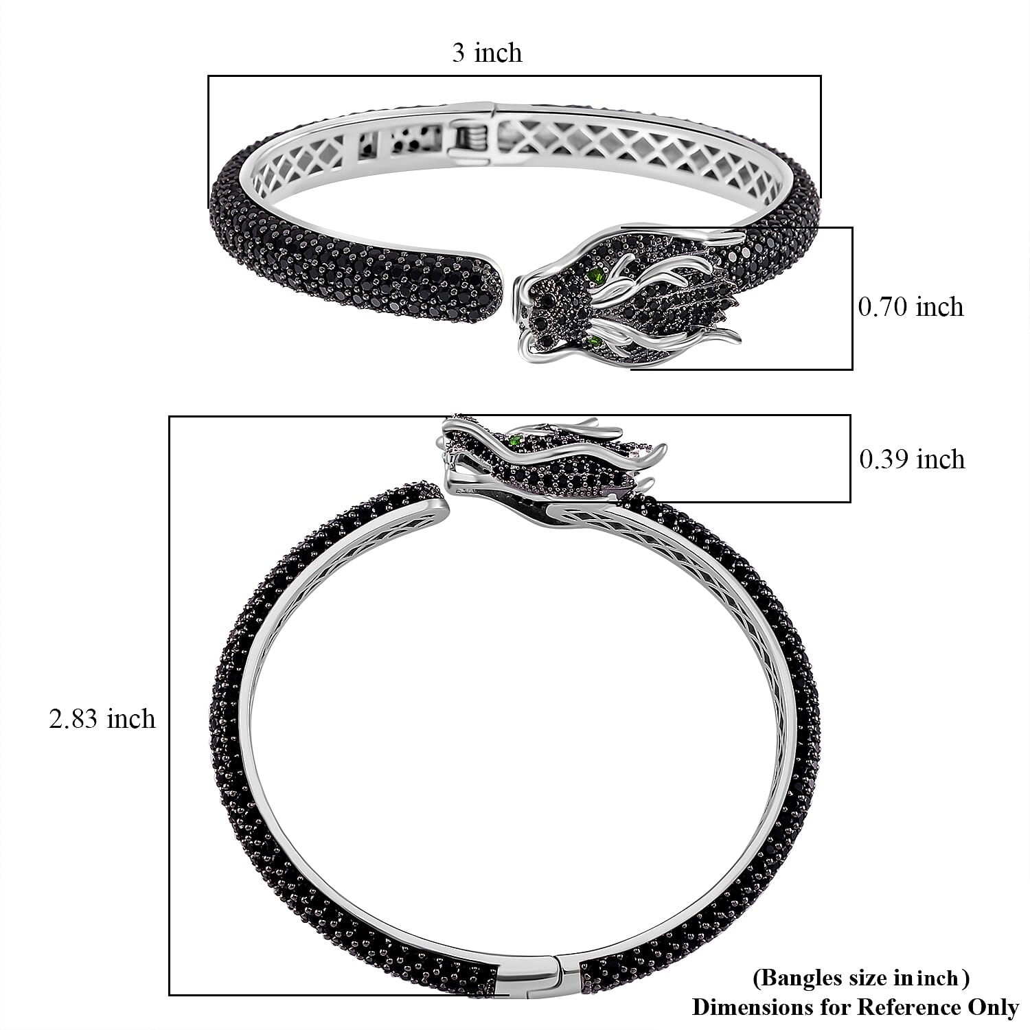 Thai Black Spinel and Chrome Diopside 17.80 ctw Dragon Head Cuff Bracelet in Rhodium Over Sterling Silver (7.25 In)
