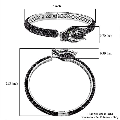 Thai Black Spinel and Chrome Diopside 17.80 ctw Dragon Head Cuff Bracelet in Rhodium Over Sterling Silver (7.25 In)
