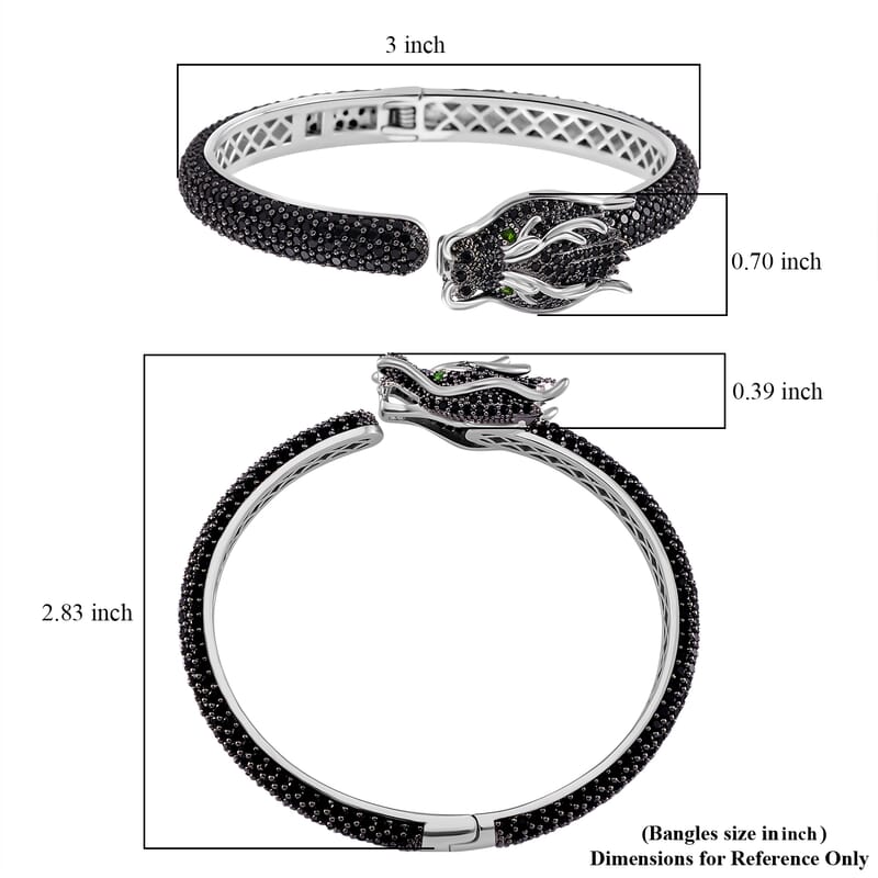 Thai Black Spinel and Chrome Diopside 17.80 ctw Dragon Head Cuff Bracelet in Rhodium Over Sterling Silver (7.25 In)