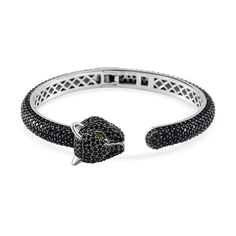 Thai Black Spinel and Chrome Diopside 18.50 ctw Panther Head Cuff Bracelet in Rhodium Over Sterling Silver (7.25 In)