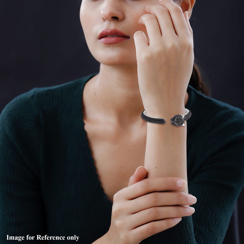 Thai Black Spinel and Chrome Diopside 18.50 ctw Panther Head Cuff Bracelet in Rhodium Over Sterling Silver (7.25 In)