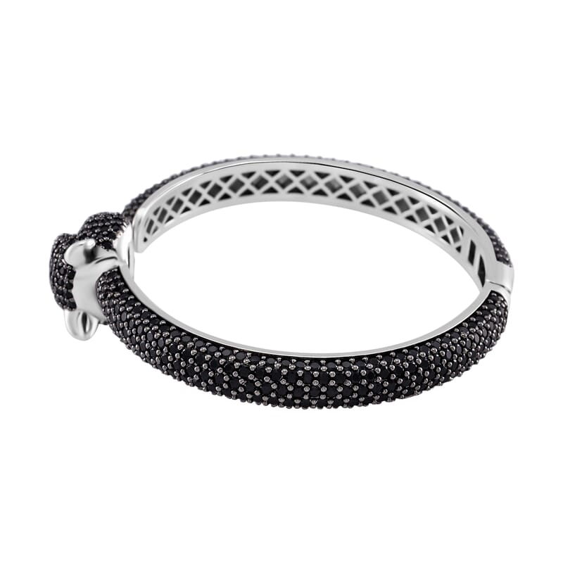 Thai Black Spinel and Chrome Diopside 18.50 ctw Panther Head Cuff Bracelet in Rhodium Over Sterling Silver (7.25 In)