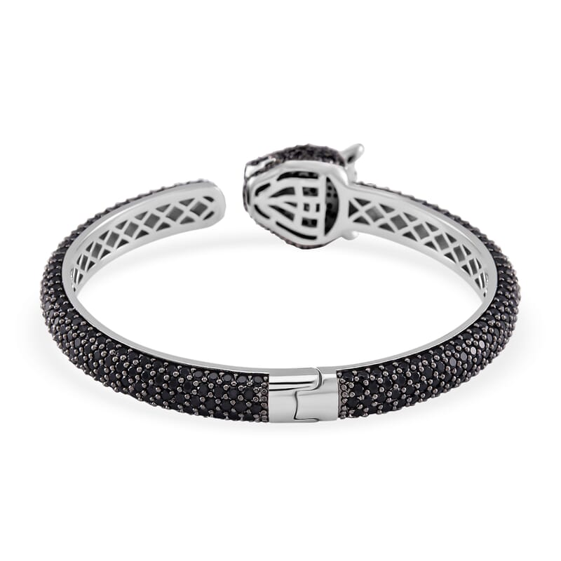 Thai Black Spinel and Chrome Diopside 18.50 ctw Panther Head Cuff Bracelet in Rhodium Over Sterling Silver (7.25 In)