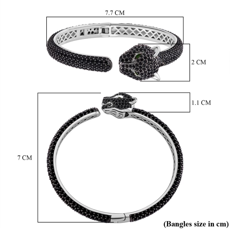 Thai Black Spinel and Chrome Diopside 18.50 ctw Panther Head Cuff Bracelet in Rhodium Over Sterling Silver (7.25 In)
