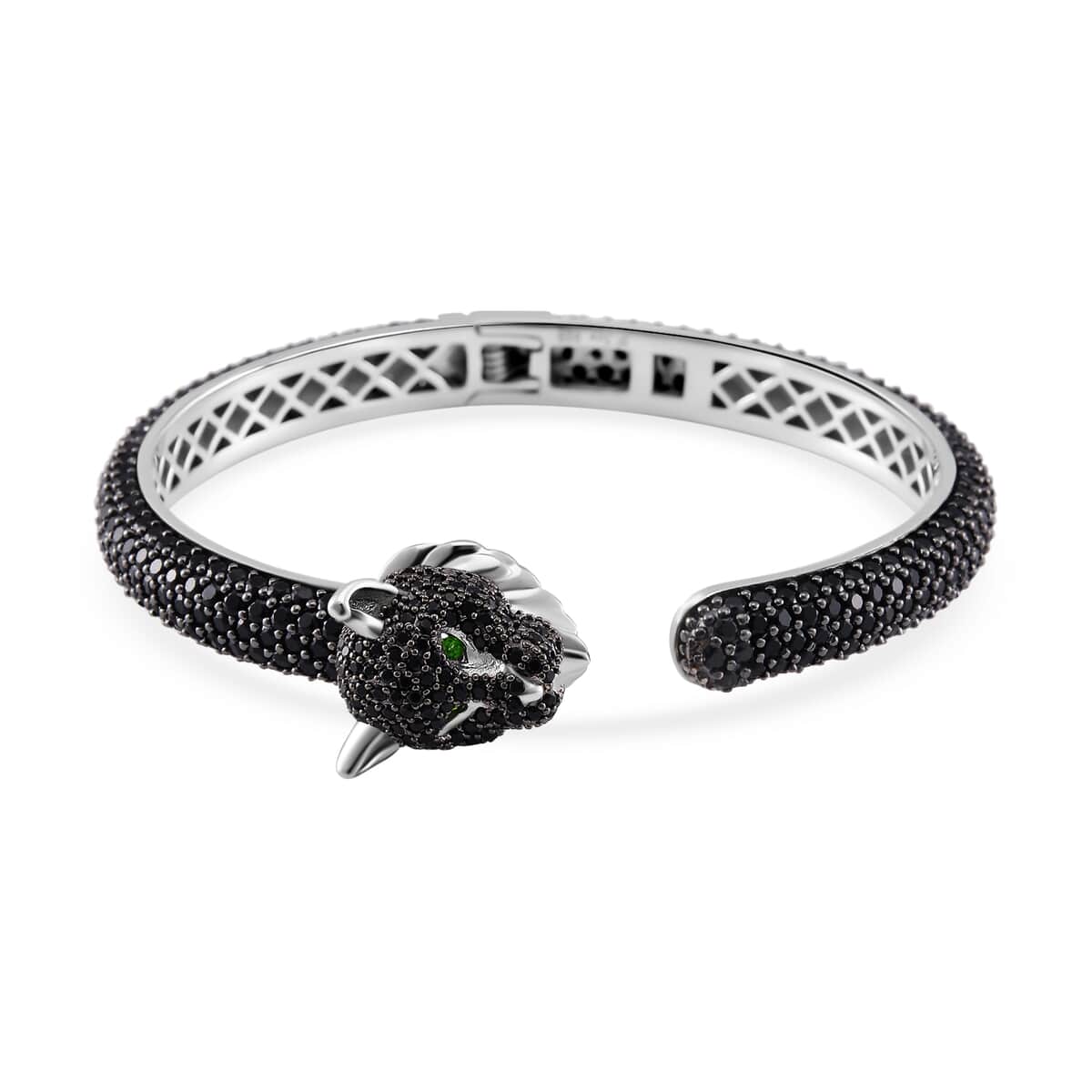 Thai Black Spinel and Chrome Diopside 18.50 ctw Lion Head Cuff Bracelet in Rhodium Over and Sterling Silver image number 0