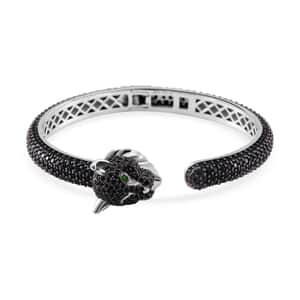 Thai Black Spinel and Chrome Diopside 18.50 ctw Lion Head Cuff Bracelet in Rhodium Over and Sterling Silver