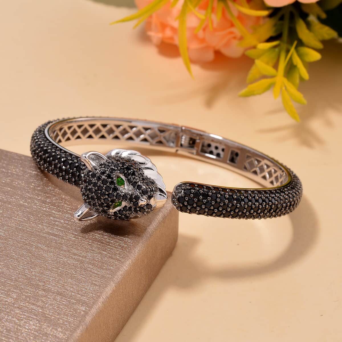 Thai Black Spinel and Chrome Diopside 18.50 ctw Lion Head Cuff Bracelet in Rhodium Over and Sterling Silver image number 1