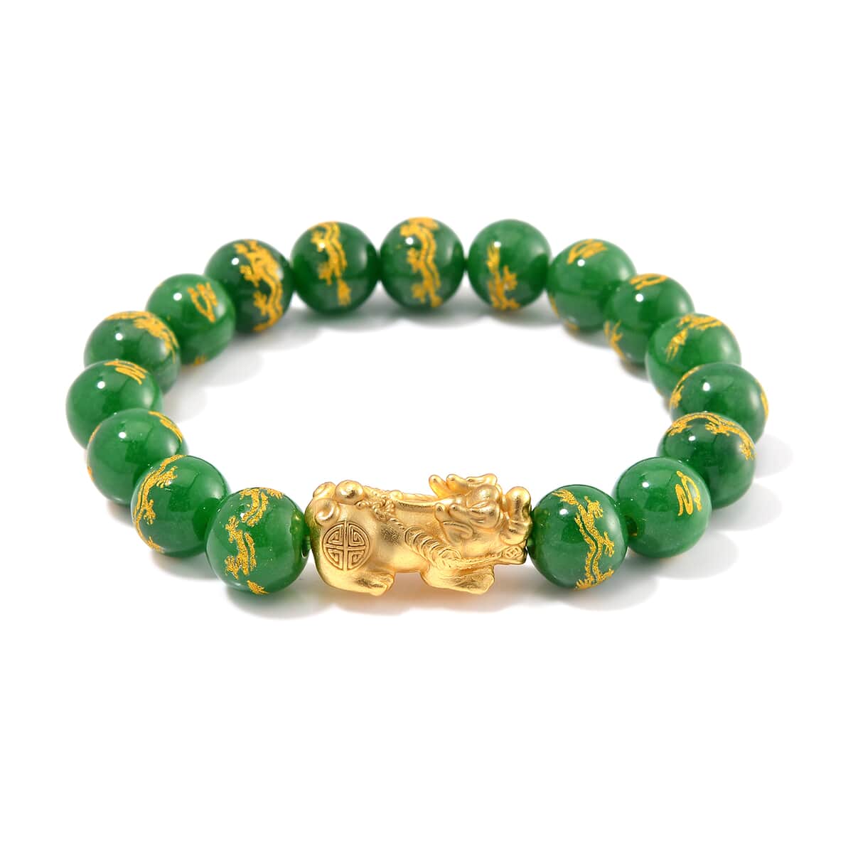 Green Jade (D) Dragon Carved Beaded 150.00 ctwStretch Pixiu Bracelet in Sterling Silver image number 0