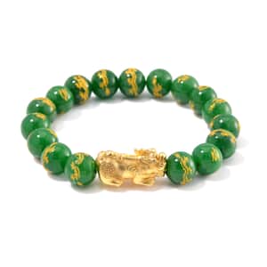 Green Jade (D) Dragon Carved Beaded 150.00 ctwStretch Pixiu Bracelet in 14K YG Over Sterling Silver