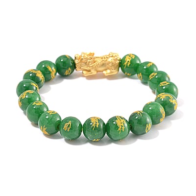 Green Jade (D) Dragon Carved Beaded 150.00 ctwStretch Pixiu Bracelet in 14K YG Over Sterling Silver