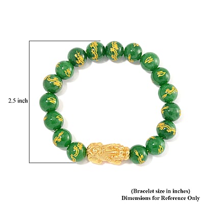 Green Jade (D) Dragon Carved Beaded 150.00 ctwStretch Pixiu Bracelet in 14K YG Over Sterling Silver