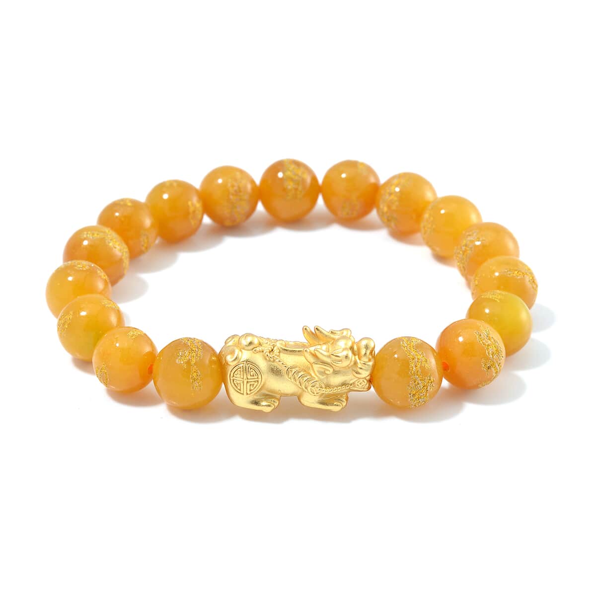 Honey Jade (D) Dragon Carved Beaded 150.00 ctw Stretch Pixiu Bracelet in 14K YG Over Sterling Silver  image number 0