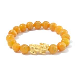 Honey Jade (D) Dragon Carved Beaded 150.00 ctw Stretch Pixiu Bracelet in 14K YG Over Sterling Silver 