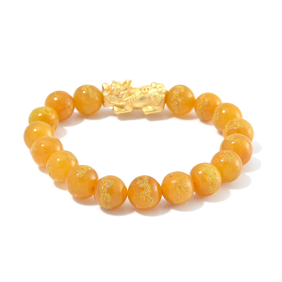 Honey Jade (D) Dragon Carved Beaded 150.00 ctw Stretch Pixiu Bracelet in 14K YG Over Sterling Silver  image number 2