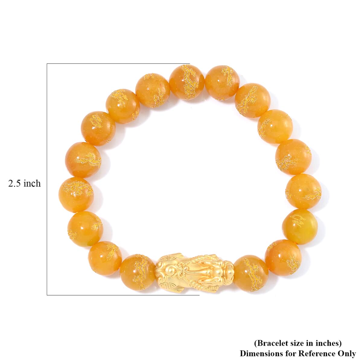 Honey Jade (D) Dragon Carved Beaded 150.00 ctw Stretch Pixiu Bracelet in 14K YG Over Sterling Silver  image number 3