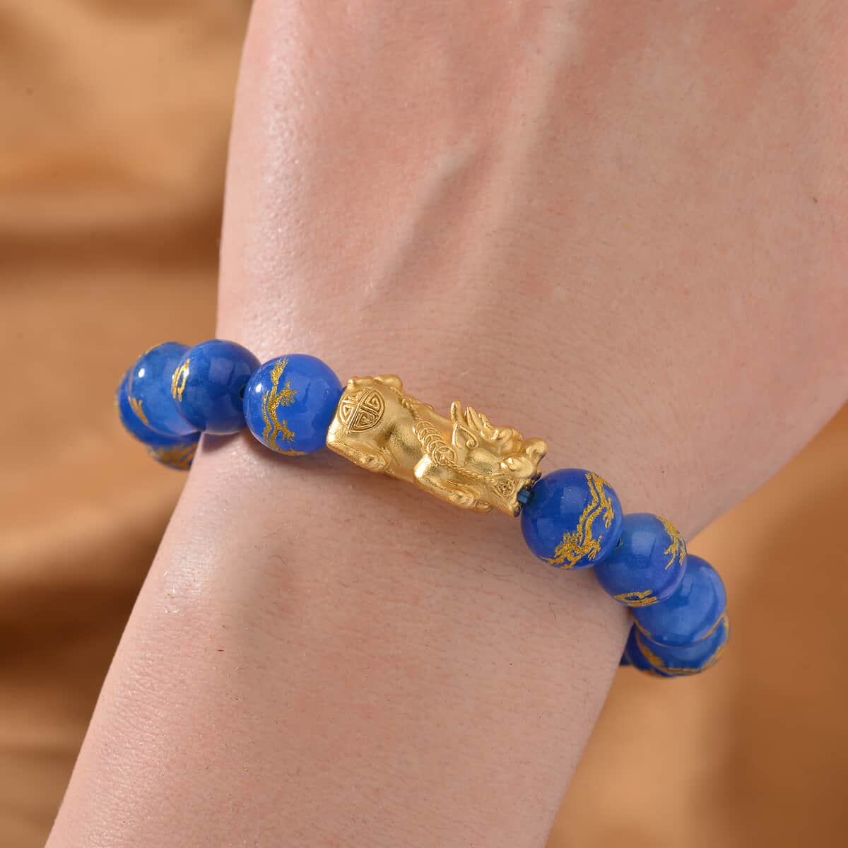 Blue Jade (D) Dragon Carved Beaded 150.00 ctw Stretch Pixiu Bracelet in 14K YG Over Sterling Silver  image number 1