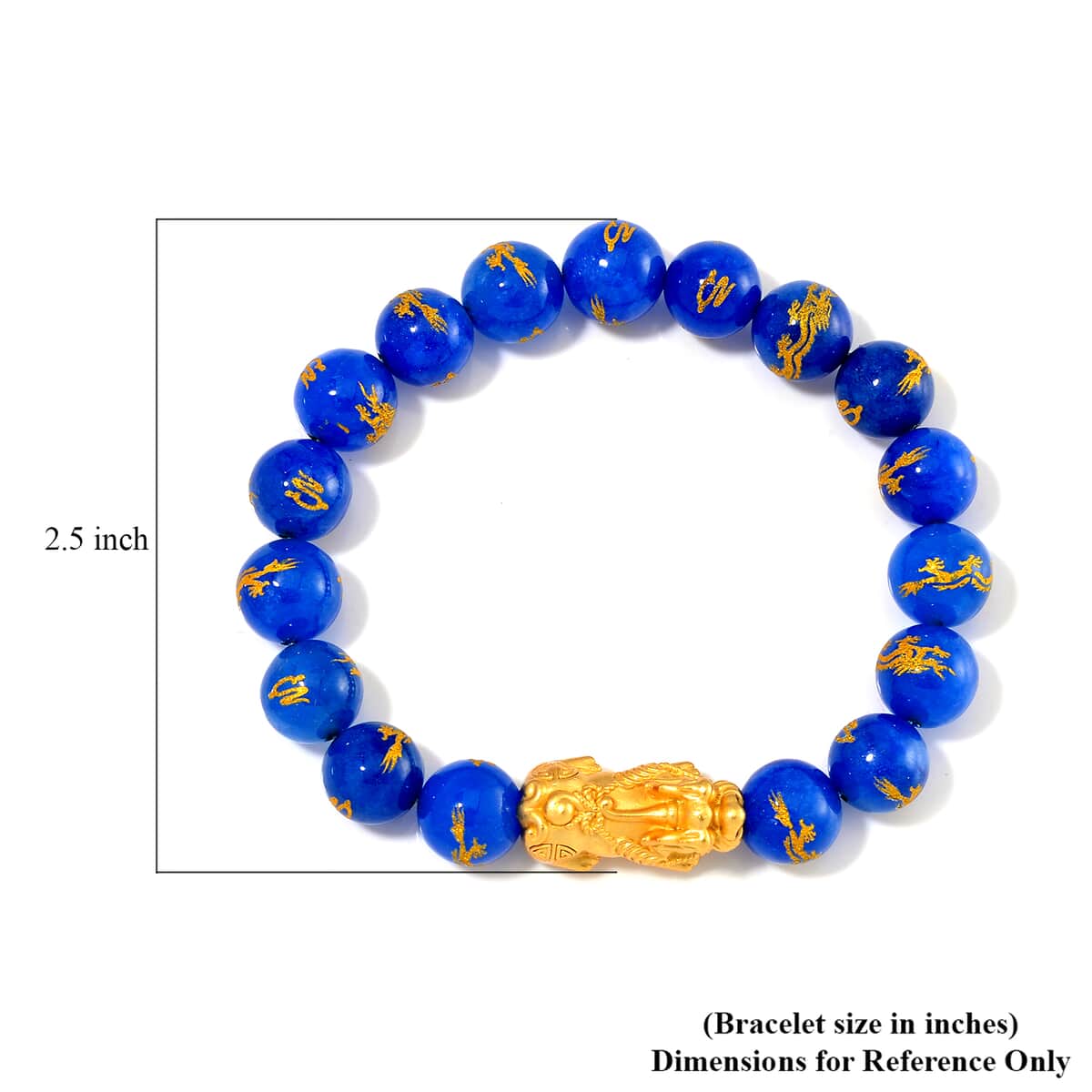 Blue Jade (D) Dragon Carved Beaded 150.00 ctw Stretch Pixiu Bracelet in 14K YG Over Sterling Silver  image number 3