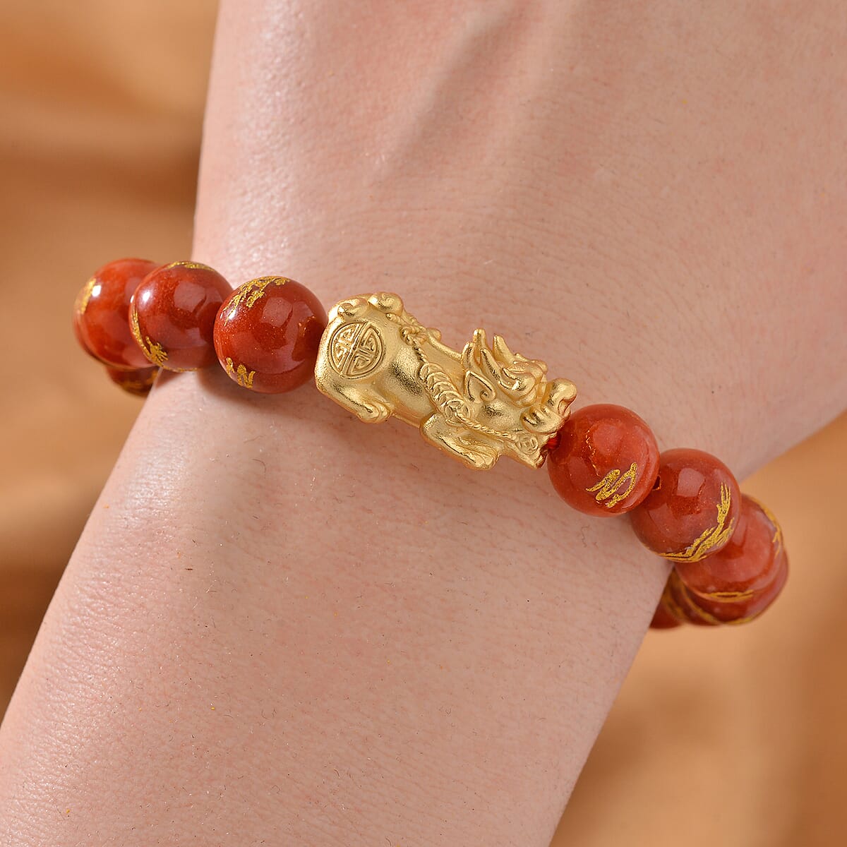 Red Jade (D) Dragon Carved Beaded 150.00 ctw Stretch Pixiu Bracelet 14K YG Over in Sterling Silver image number 1