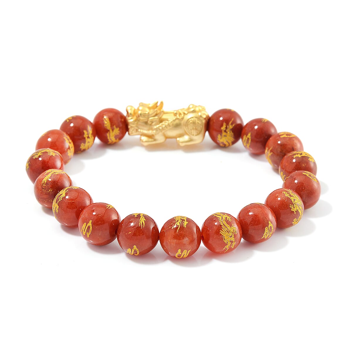 Red Jade (D) Dragon Carved Beaded 150.00 ctw Stretch Pixiu Bracelet 14K YG Over in Sterling Silver image number 2