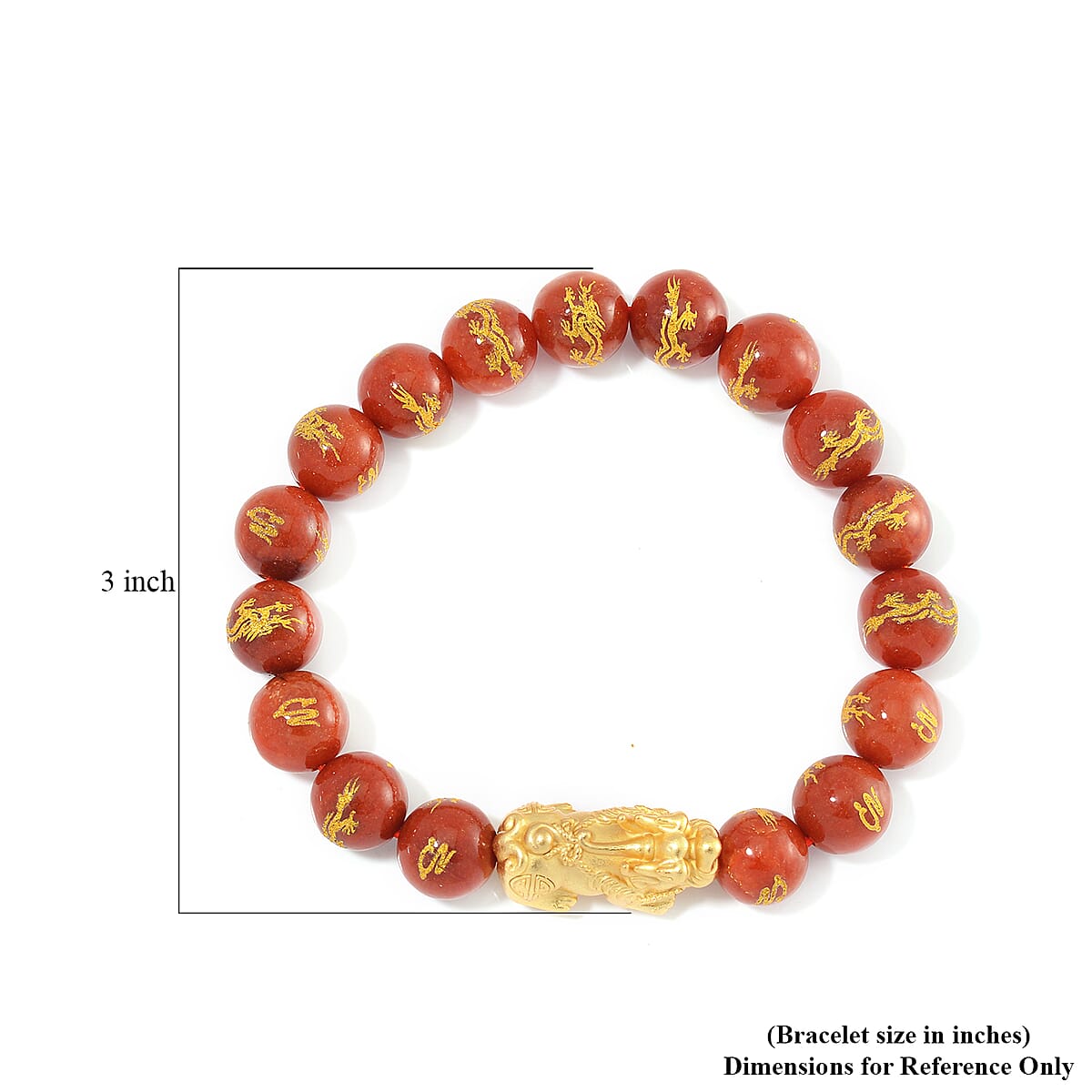 Red Jade (D) Dragon Carved Beaded 150.00 ctw Stretch Pixiu Bracelet 14K YG Over in Sterling Silver image number 3