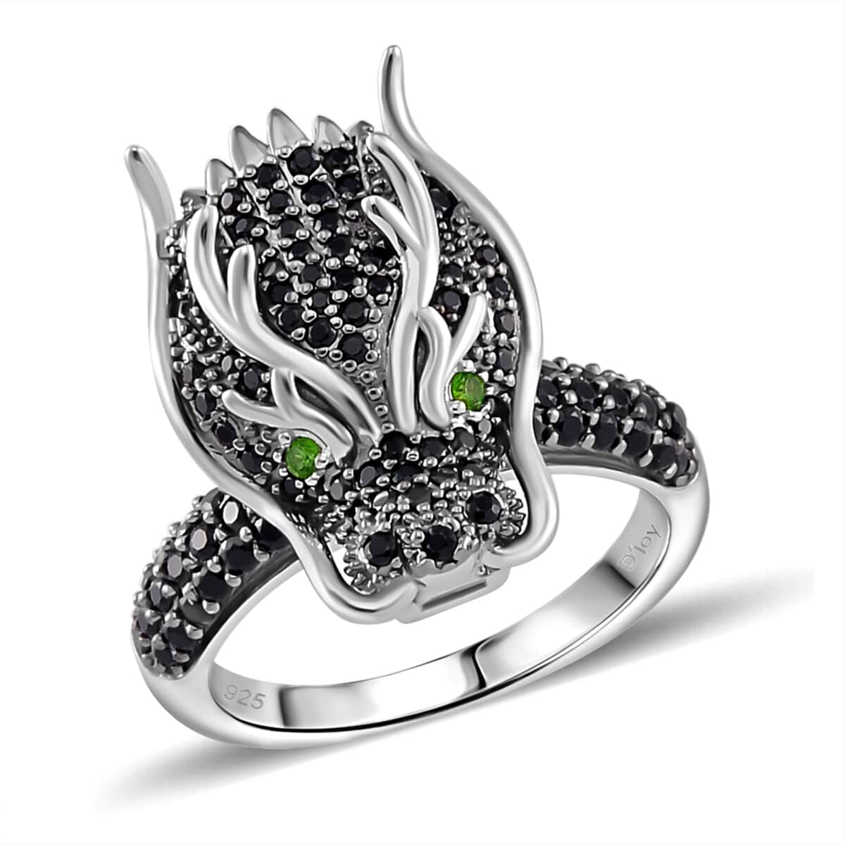 Thai Black Spinel and Chrome Diopside Dragon Head Ring in Rhodium Over and Sterling Silver (Size 10.0) 1.20 ctw image number 0