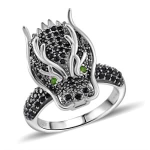 Thai Black Spinel and Chrome Diopside 1.20 ctw Dragon Head Ring in Rhodium Over Sterling Silver (Size 10.0)