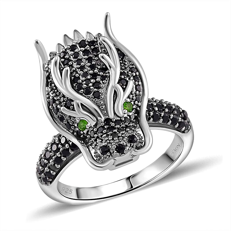 Thai Black Spinel and Chrome Diopside 1.20 ctw Dragon Head Ring in Rhodium Over Sterling Silver (Size 10.0)