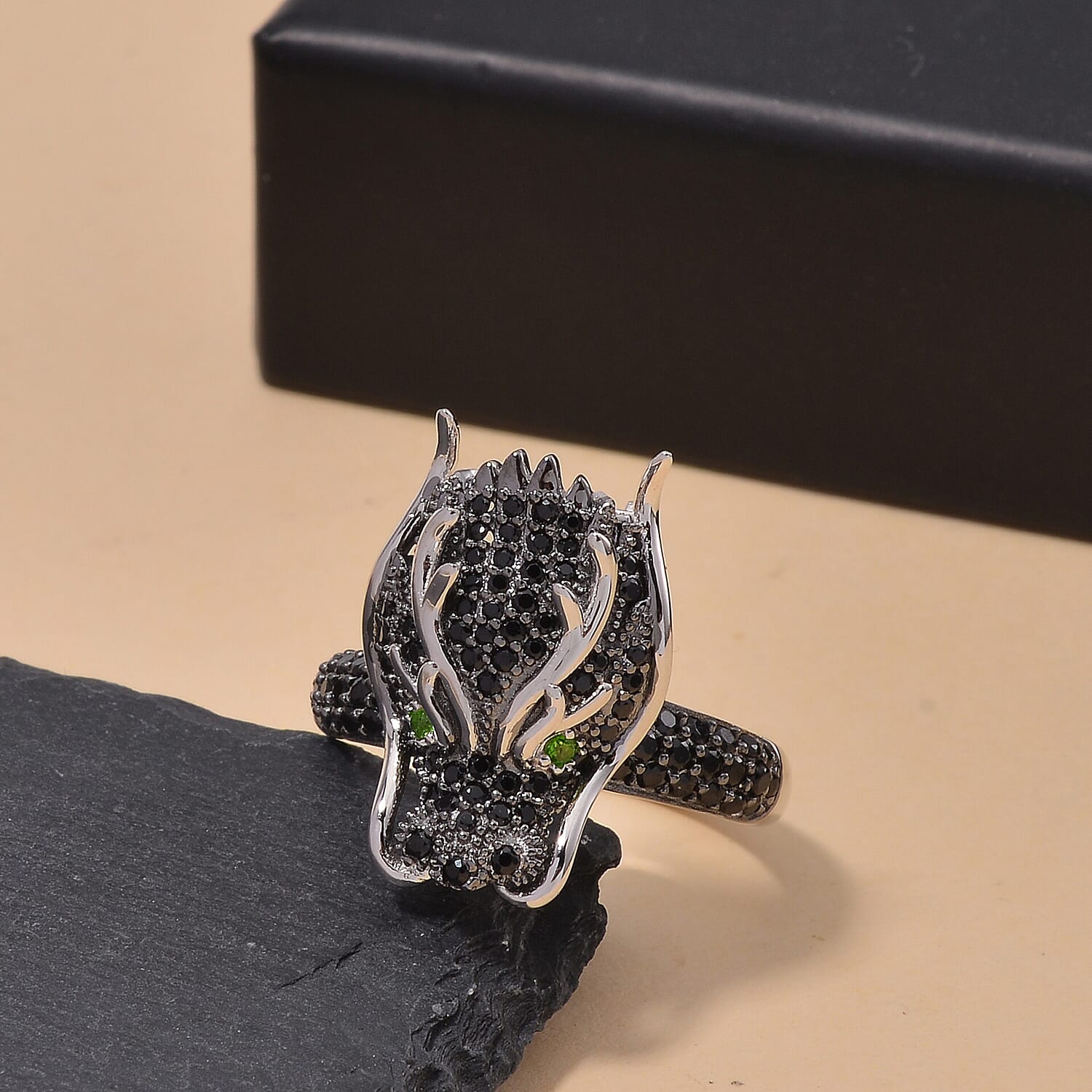 Thai Black Spinel and Chrome Diopside 1.20 ctw Dragon Head Ring in Rhodium Over Sterling Silver (Size 10.0)