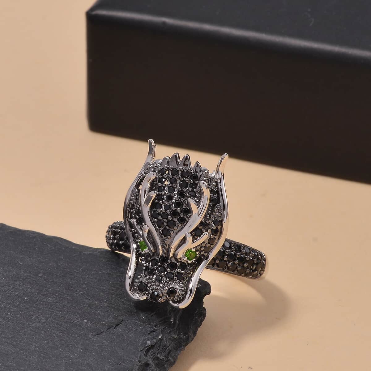 Thai Black Spinel and Chrome Diopside Dragon Head Ring in Rhodium Over and Sterling Silver (Size 10.0) 1.20 ctw image number 1