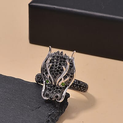 Thai Black Spinel and Chrome Diopside 1.20 ctw Dragon Head Ring in Rhodium Over Sterling Silver (Size 10.0)
