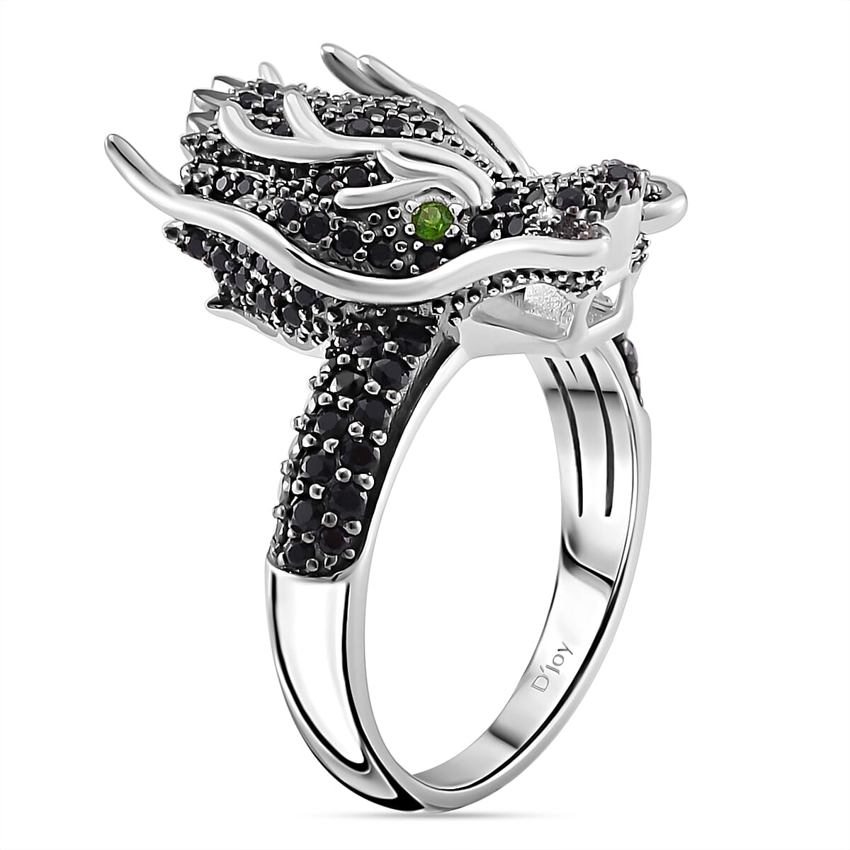 Thai Black Spinel and Chrome Diopside 1.20 ctw Dragon Head Ring in Rhodium Over Sterling Silver (Size 10.0)