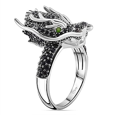 Thai Black Spinel and Chrome Diopside 1.20 ctw Dragon Head Ring in Rhodium Over Sterling Silver (Size 10.0)