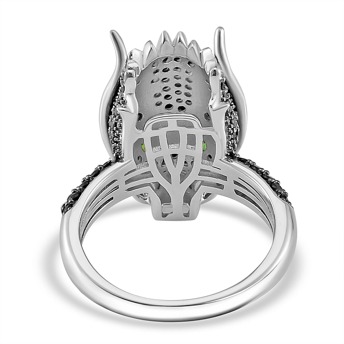 Thai Black Spinel and Chrome Diopside 1.20 ctw Dragon Head Ring in Rhodium Over Sterling Silver (Size 10.0)