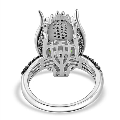 Thai Black Spinel and Chrome Diopside 1.20 ctw Dragon Head Ring in Rhodium Over Sterling Silver (Size 10.0)